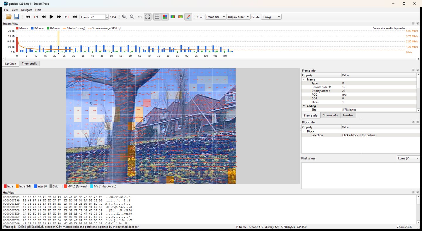 StreamTrace main window: frame-size chart with bitrate line, and a picture with macroblock types and motion vectors